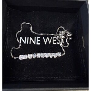 Nine West Silver Tone Crystal Tennis Bolo Bracelet Adjustable Box Chain NIB